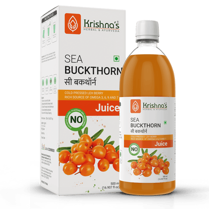 Krishna's Herbal & Ayurveda Sea Buckthorn Juice in a glass bottle, showcasing fresh sea buckthorn berries and vibrant orange color.