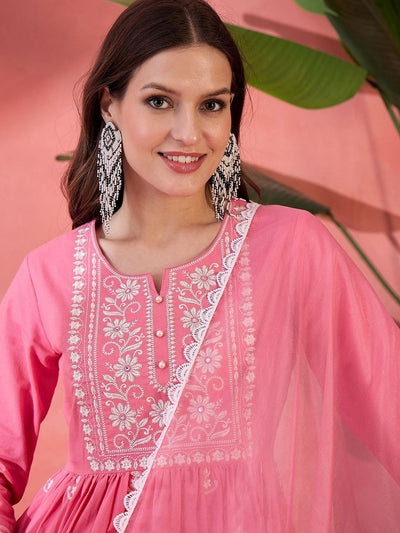 Indyancart SN Women's Peach Embroidered Notch Neck Pure Cotton Anarkali Kurta With Trouser & Dupatta