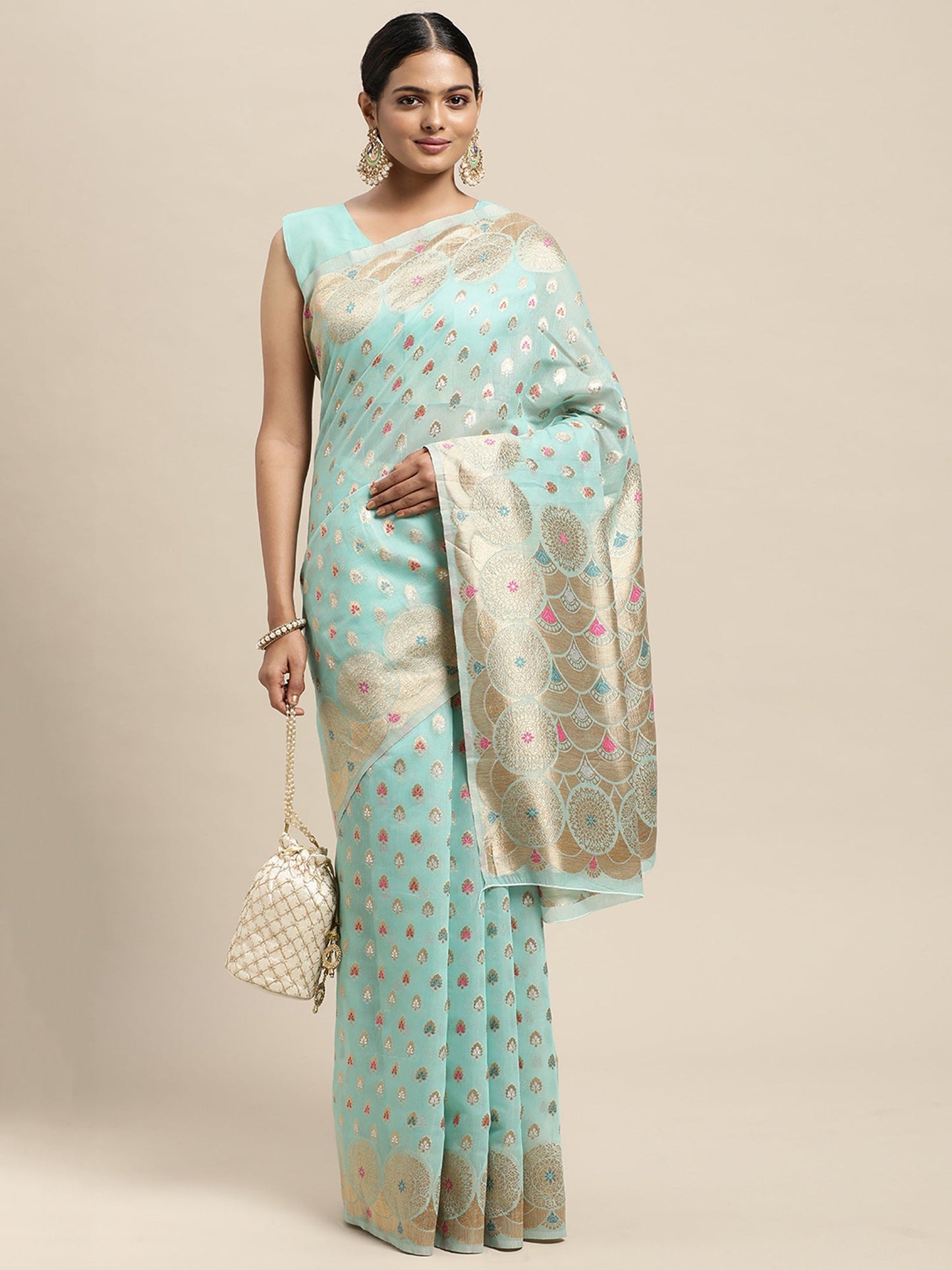 Women's Silk Blend Light Blue Woven Design Designer Saree With Blouse Piece