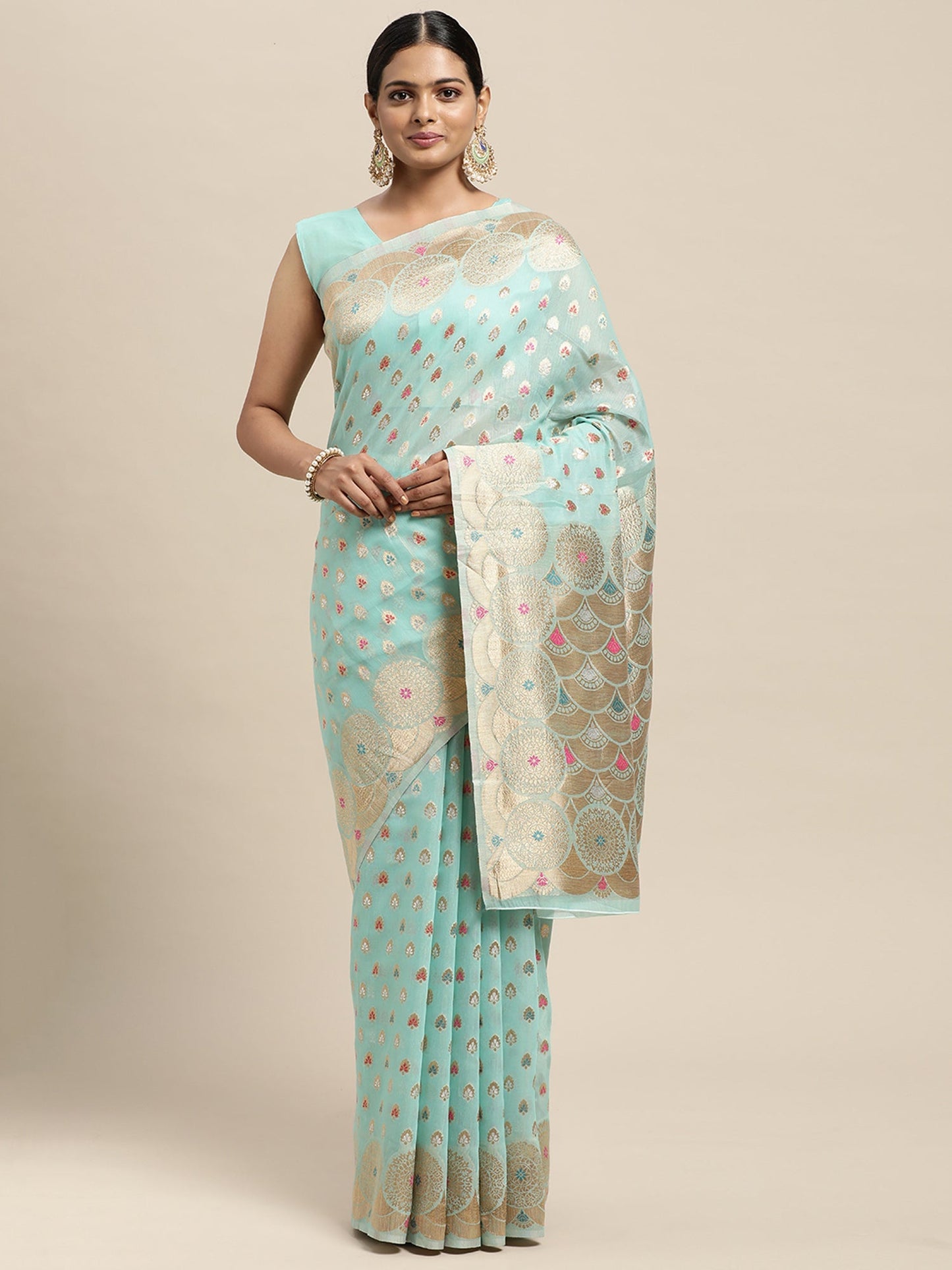 Women's Silk Blend Light Blue Woven Design Designer Saree With Blouse Piece