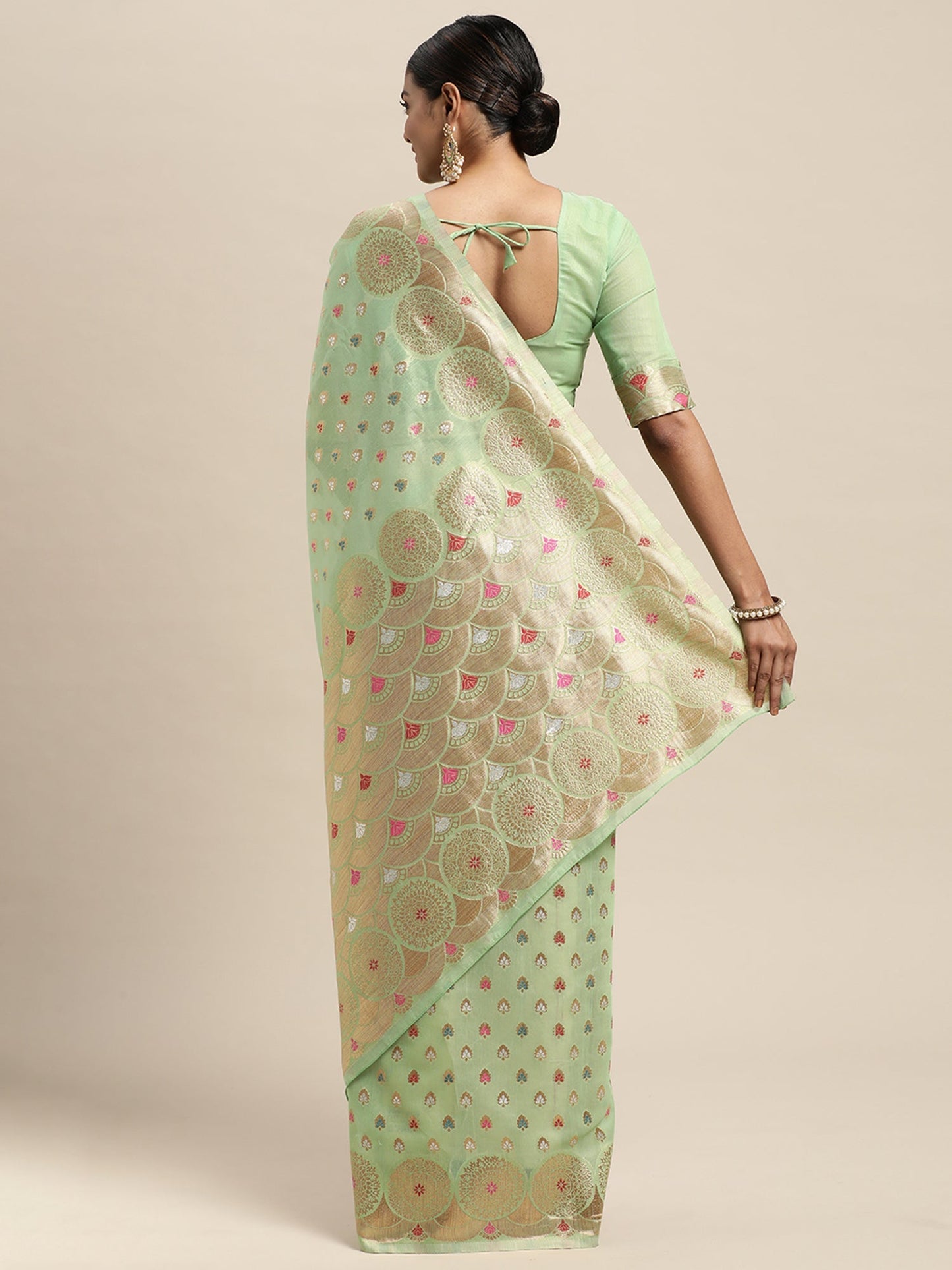 Women's Silk Blend Green Woven Design Designer Saree With Blouse Piece