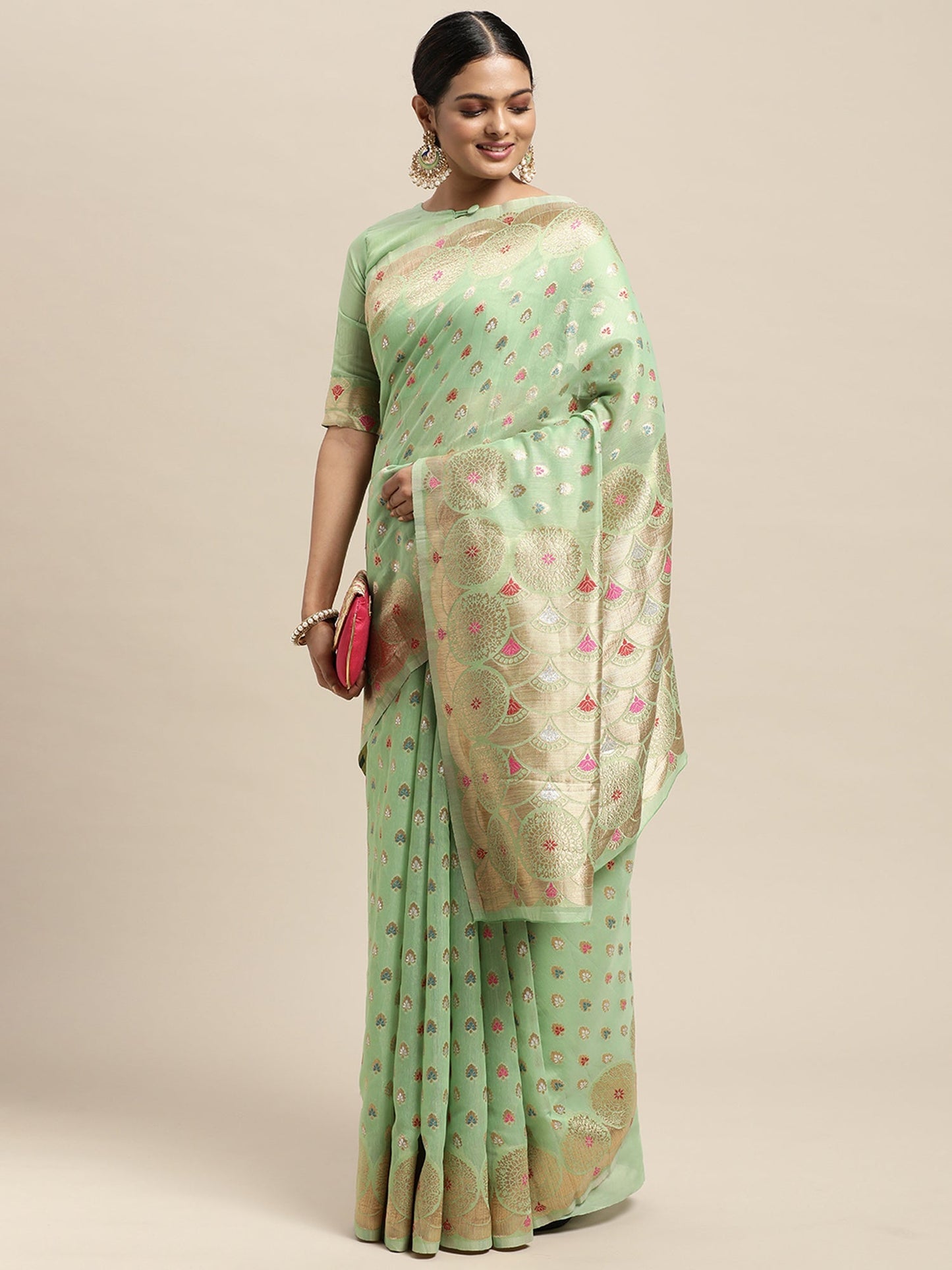 Women's Silk Blend Green Woven Design Designer Saree With Blouse Piece