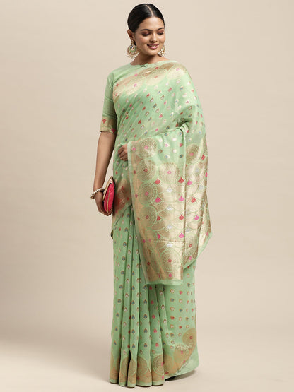 Women's Silk Blend Green Woven Design Designer Saree With Blouse Piece
