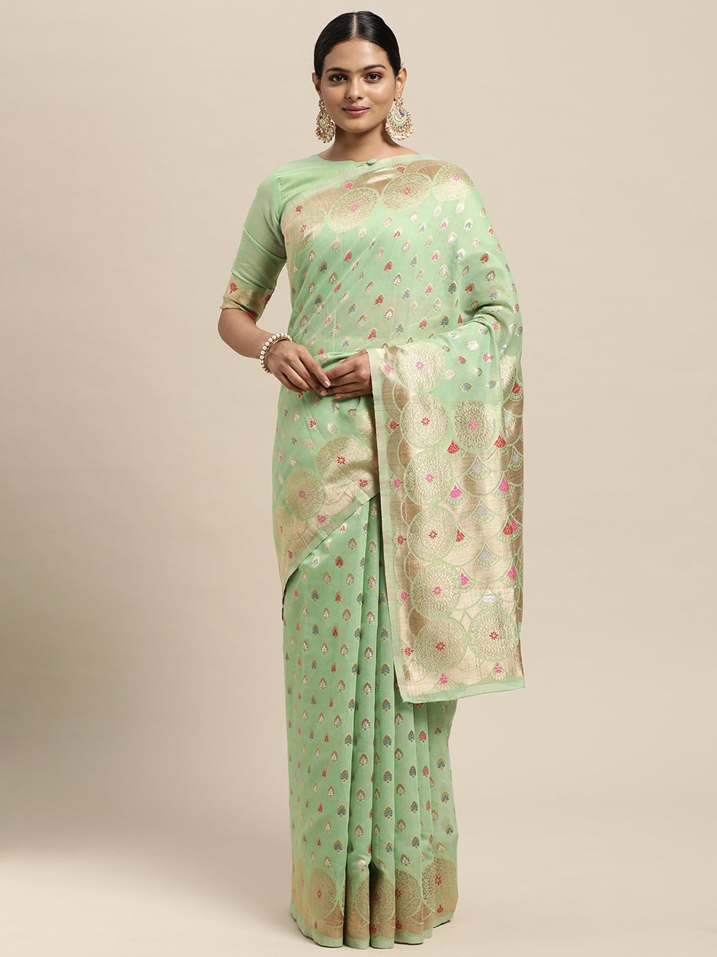 Women's Silk Blend Green Woven Design Designer Saree With Blouse Piece