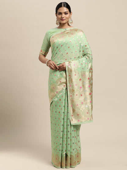 Women's Silk Blend Green Woven Design Designer Saree With Blouse Piece