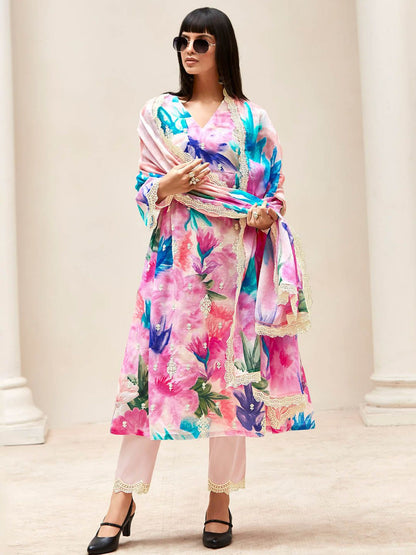 Indyancart IE Women Floral Embroidered Regular Thread Work Kurta with Trousers & With Dupatta