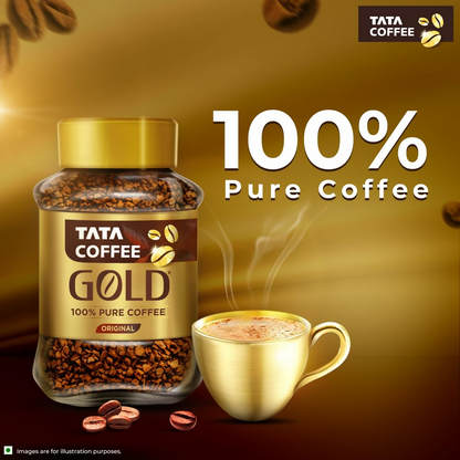 Tata Coffee Gold Original instant coffee jar with coffee powder, showcasing the label and lid on the container.