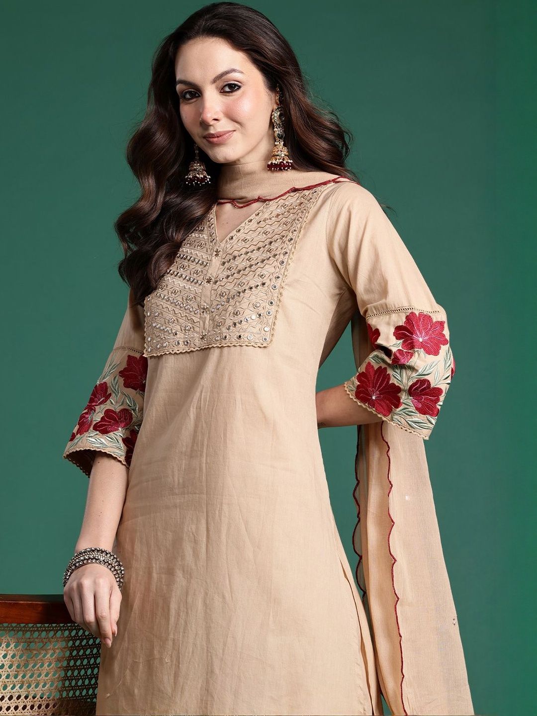 Women Floral Embroidered Cotton Kurta with Trousers & Dupatta