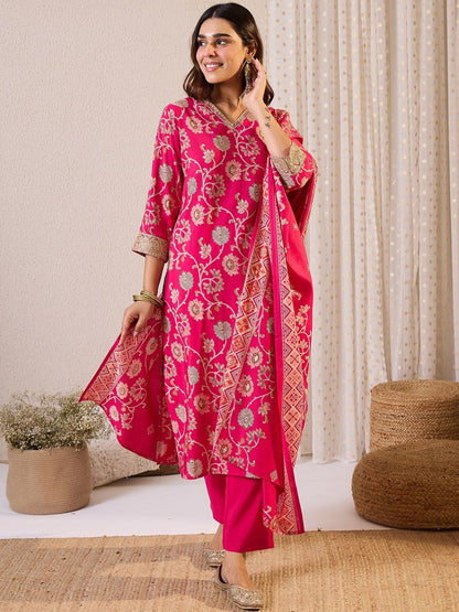 Floral Printed Notch Neck Chanderi Silk Straight Kurta & Trousers With Dupatta