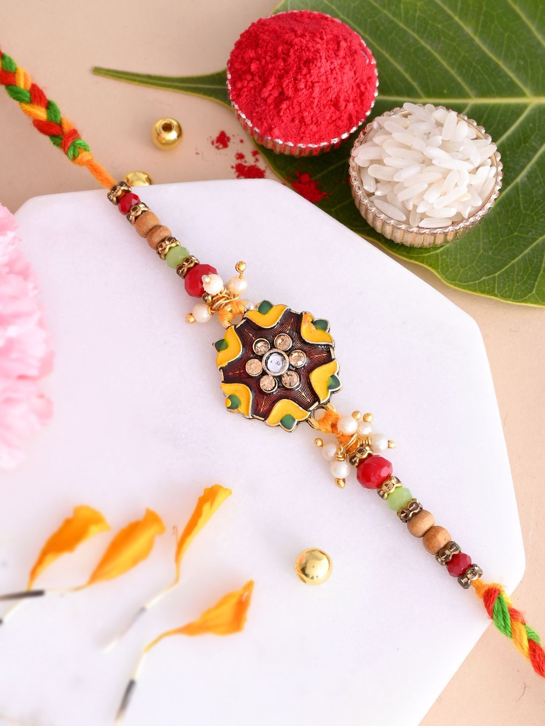 Anouk Green Stone Studded & Beaded Thread Rakhi With Roli Chawal With Greeting Card
