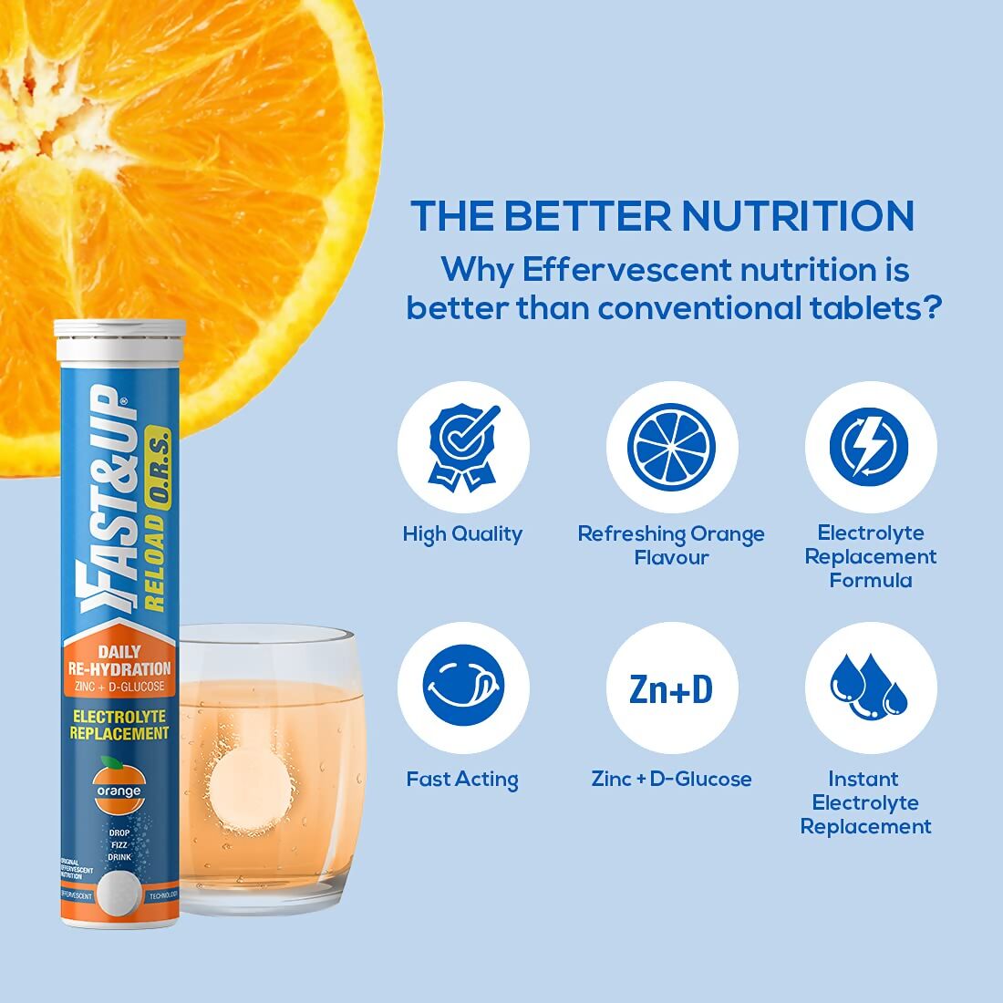 Fast&Up Reload O.R.S effervescent electrolyte tablets in orange flavor, Ayurvedic supplement with vibrant orange tablets on a white background.