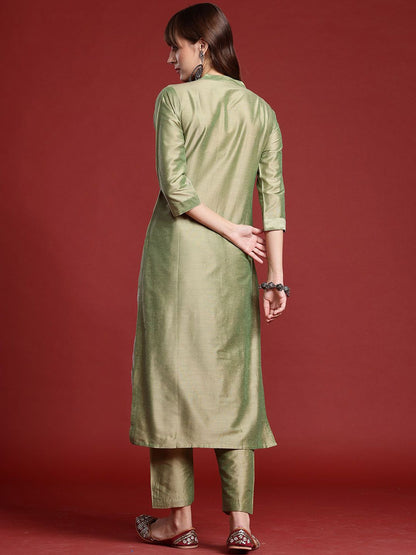 Indyancart IE Floral Embroidered Mandarin Collar Straight Tunic And Trousers