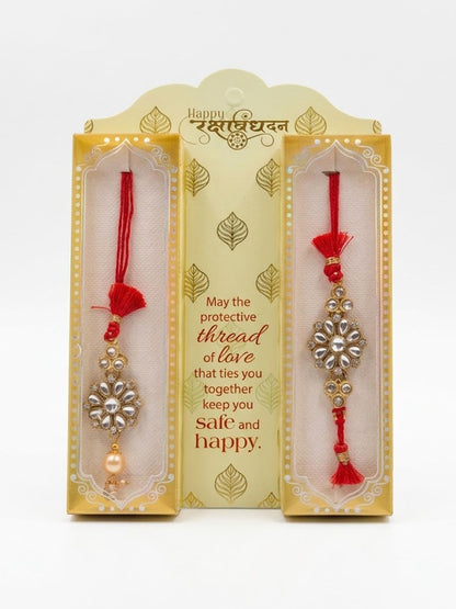 Anouk Set Of 2 Red Kundan Studded Floral Design Bhaiya Bhabhi Rakhi With Roli Chawal