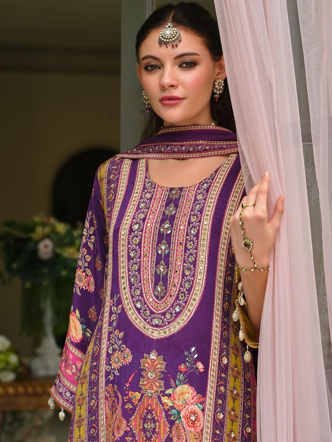 Indyancart IE Ethnic Motifs Printed Round Neck Mirror Work Silk Kurta With Palazzos & Dupatta