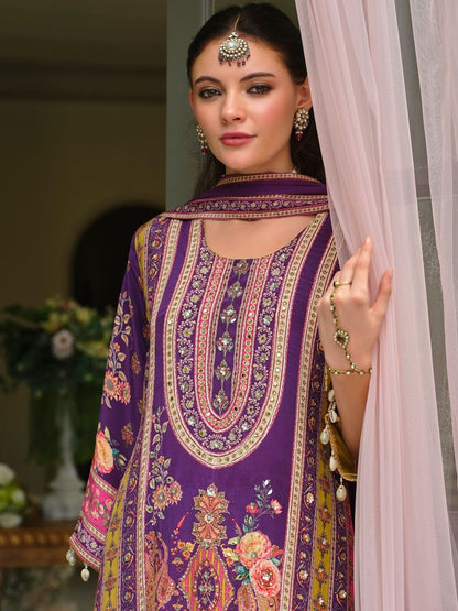 Indyancart IE Ethnic Motifs Printed Round Neck Mirror Work Silk Kurta With Palazzos & Dupatta