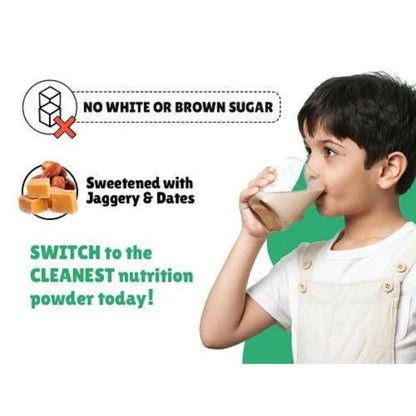 Little Joys Nutrimix Lite powder for kids aged 2-6, chocolate flavor, shown in a colorful container with a spoon ready for serving.
