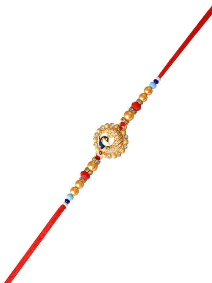 Anouk Gold Toned Beaded Peacock Patterned Rakhi With Roli Chawal & Greeting Card