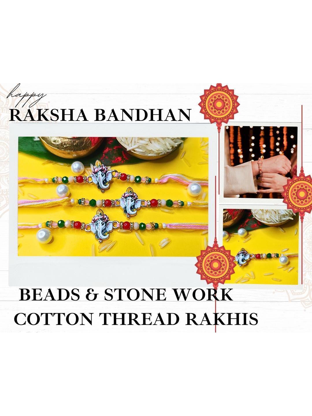 Anouk Set Of 3 Beaded Cotton Thread with AD Stones & Meenakari Designer Rakhi for Brother