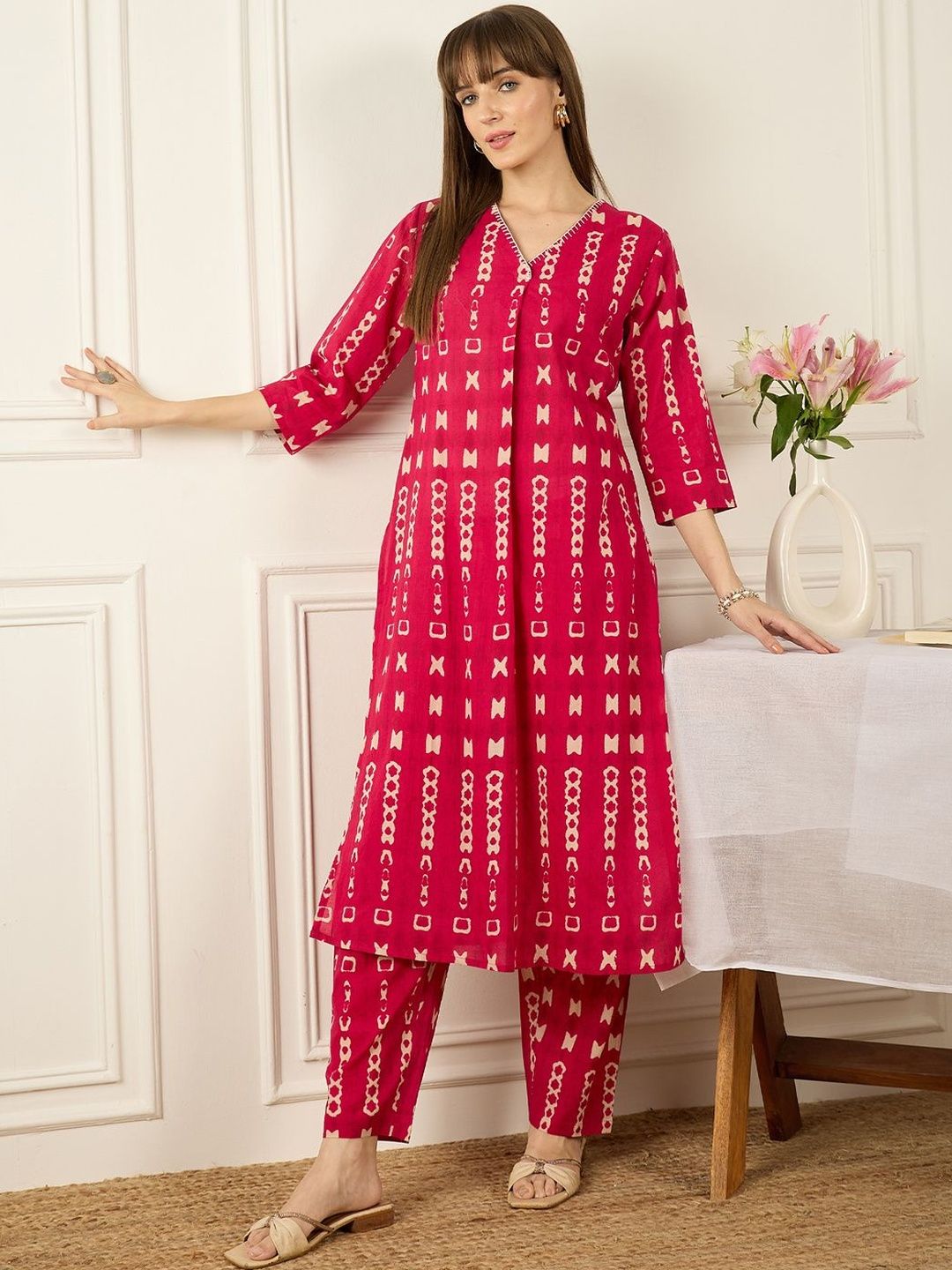 Indyancart IE Printed Mandarin Collar Pure Cotton Top With Trousers