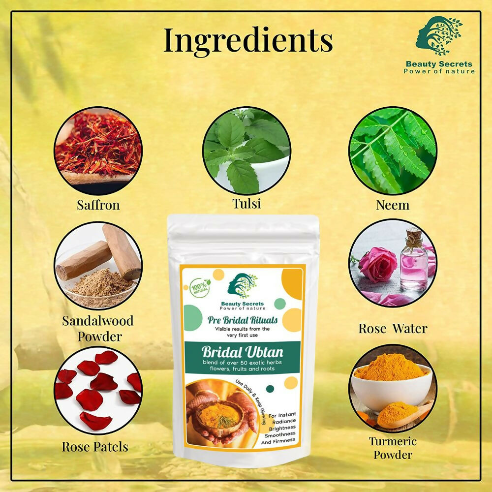 Beauty Secrets Ayurvedic Bridal Ubtan Powder face mask in a bowl, showing the natural herbal face treatment for glowing skin.