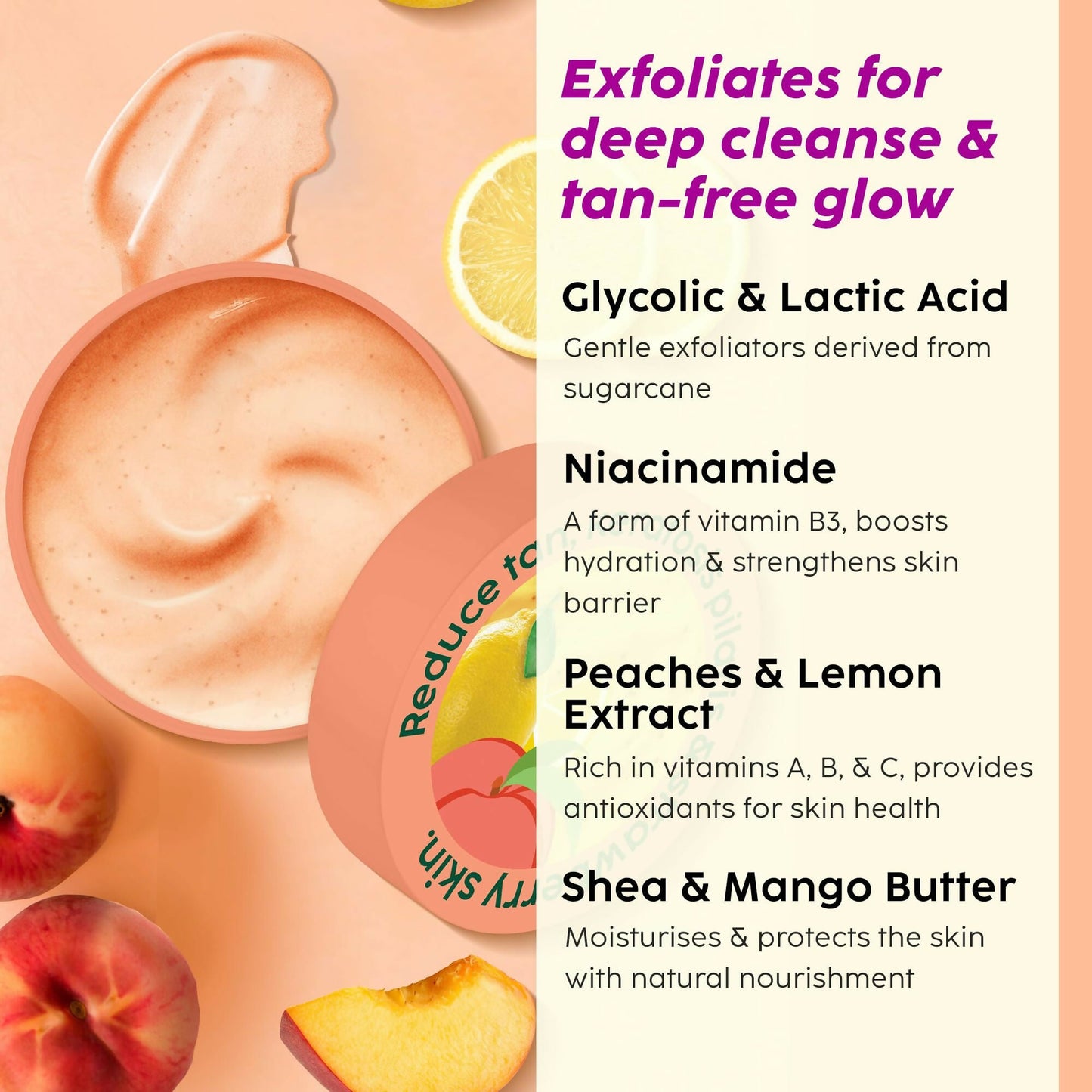 PLIX The Plant Fix Peaches & Lemon Detox Bump Eraser Scrub for bath and shower, exfoliates skin, reduces dark spots, restores moisture