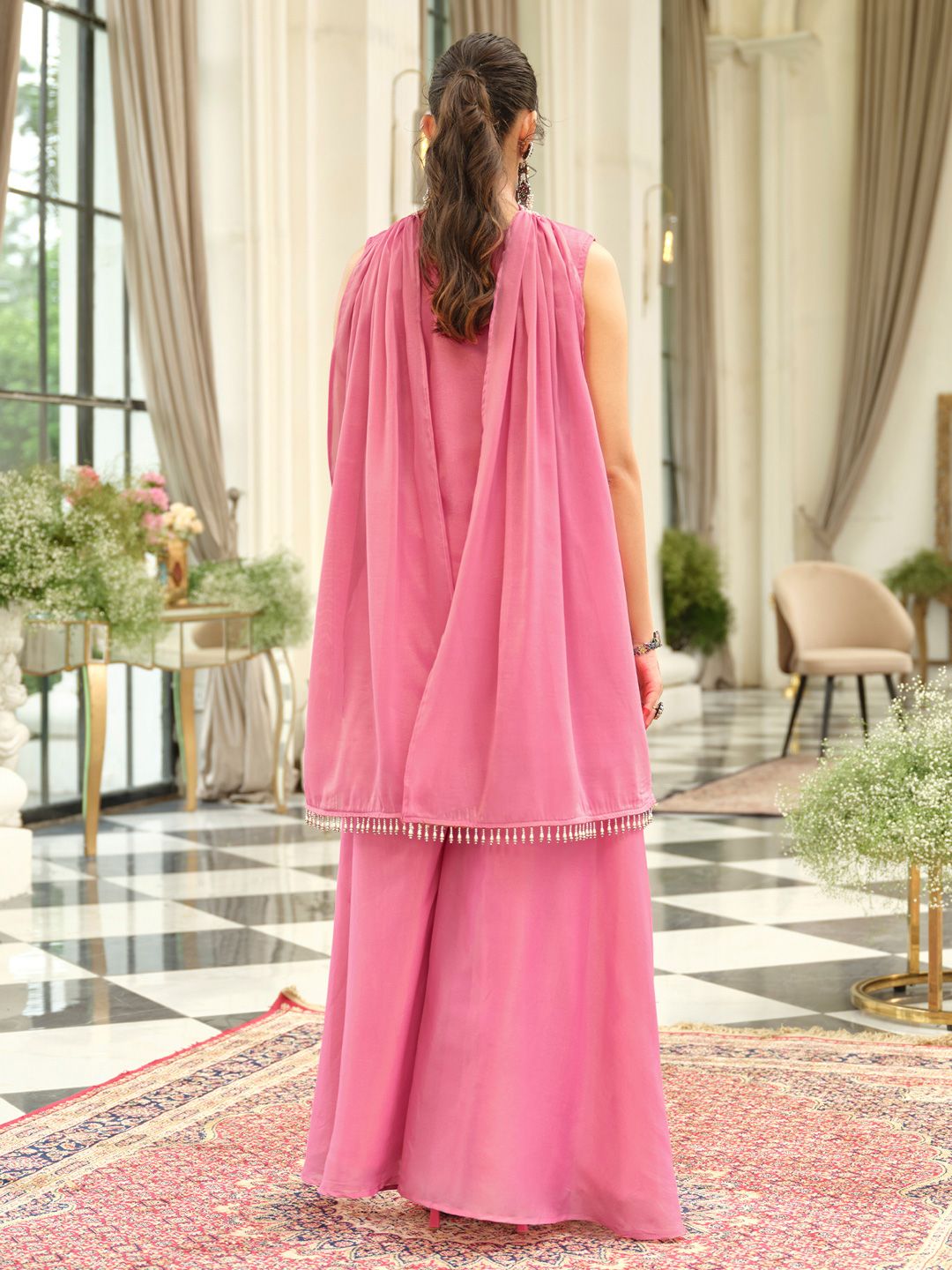 Floral Embroidered Thread Work Kurta With Palazzos & Dupatta