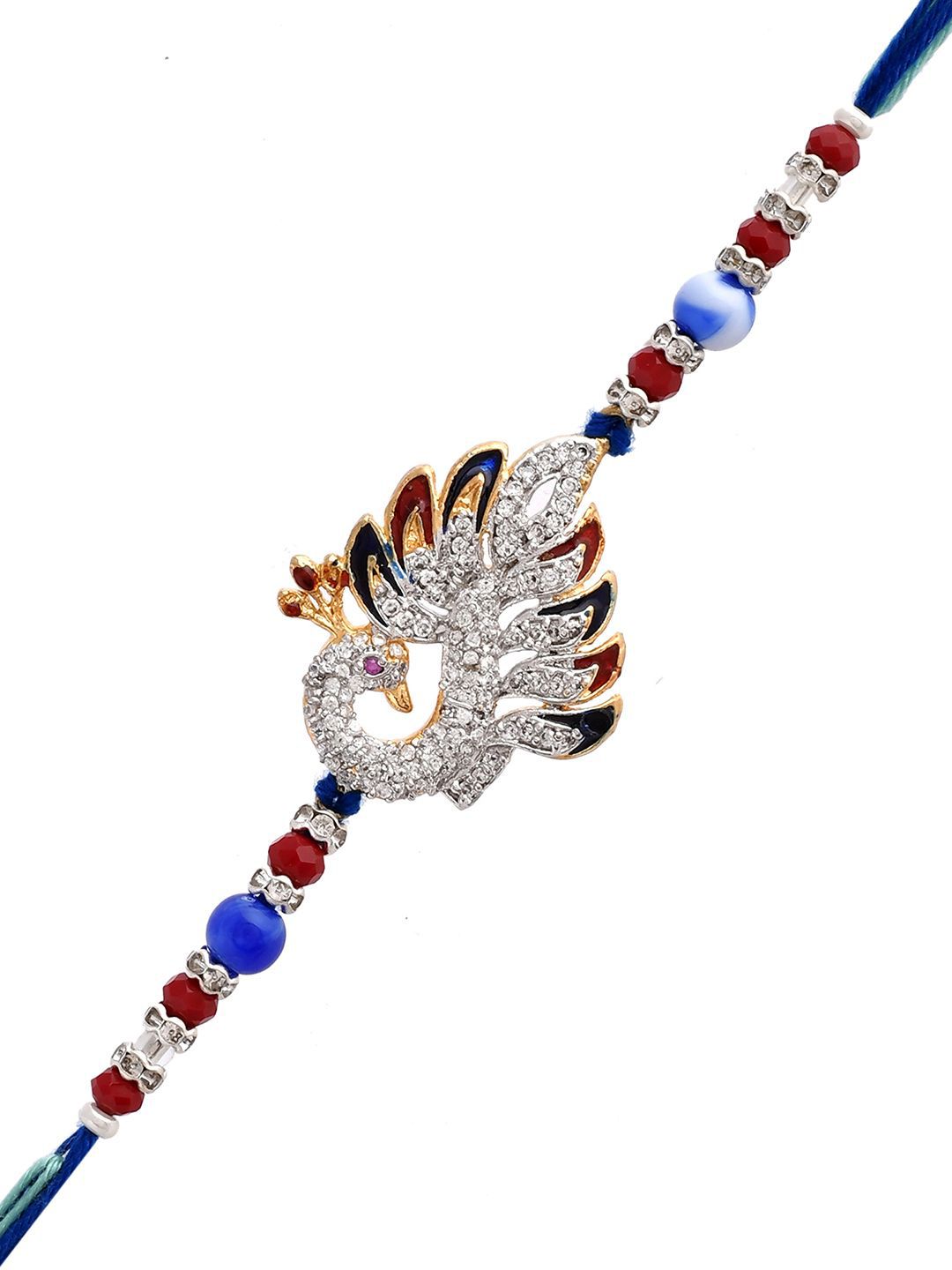 Anouk Blue Swarowski Embellished Peacock Thread Rakhi With Roli Chawal & Greeting Card