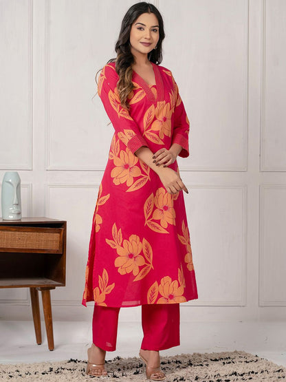 Indyancart IE Floral Printed V-Neck Pure Cotton Tunic & Palazzos