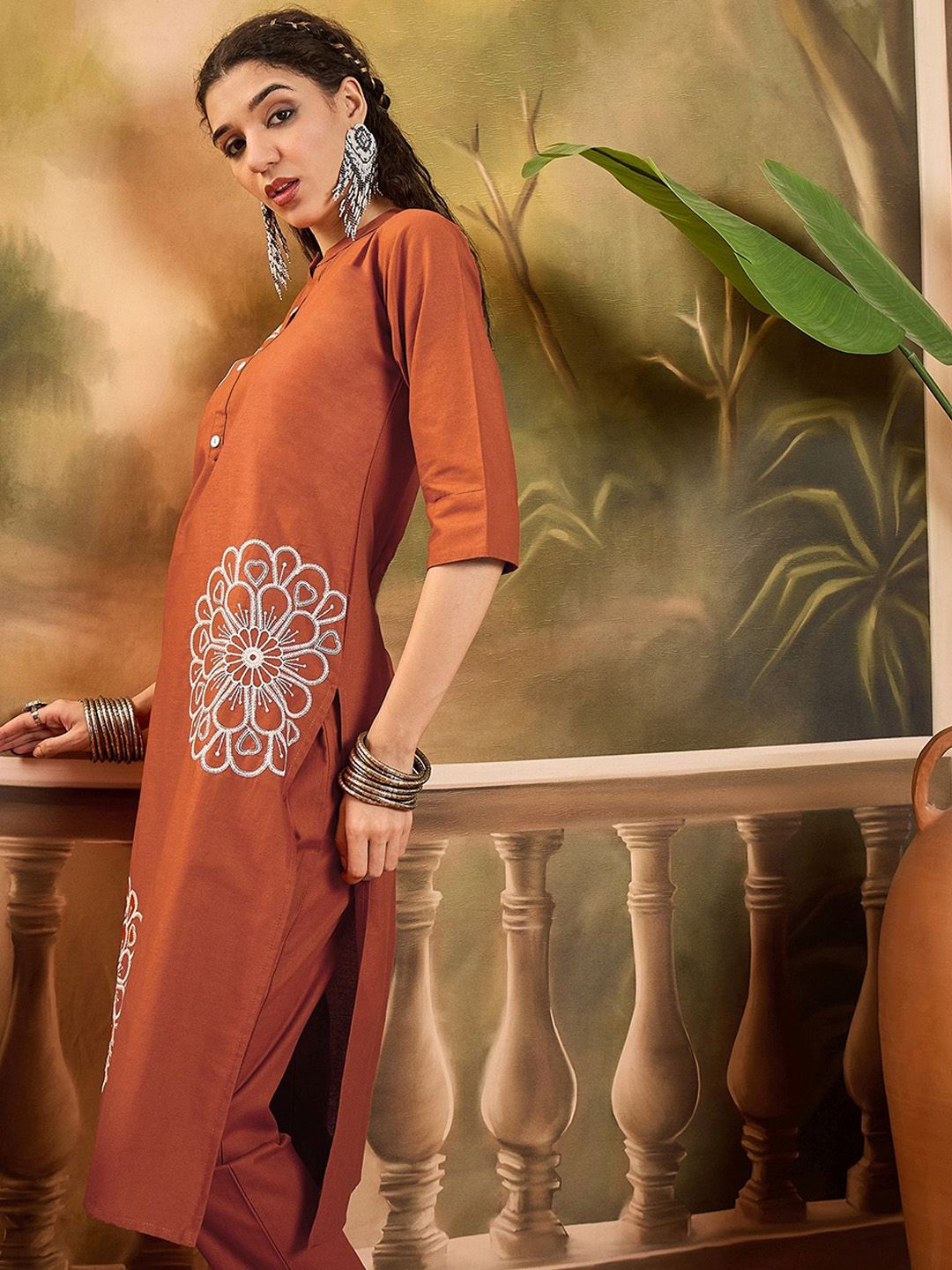 Indyancart SN Women's Floral Embroidered Cotton Kurta with Trousers