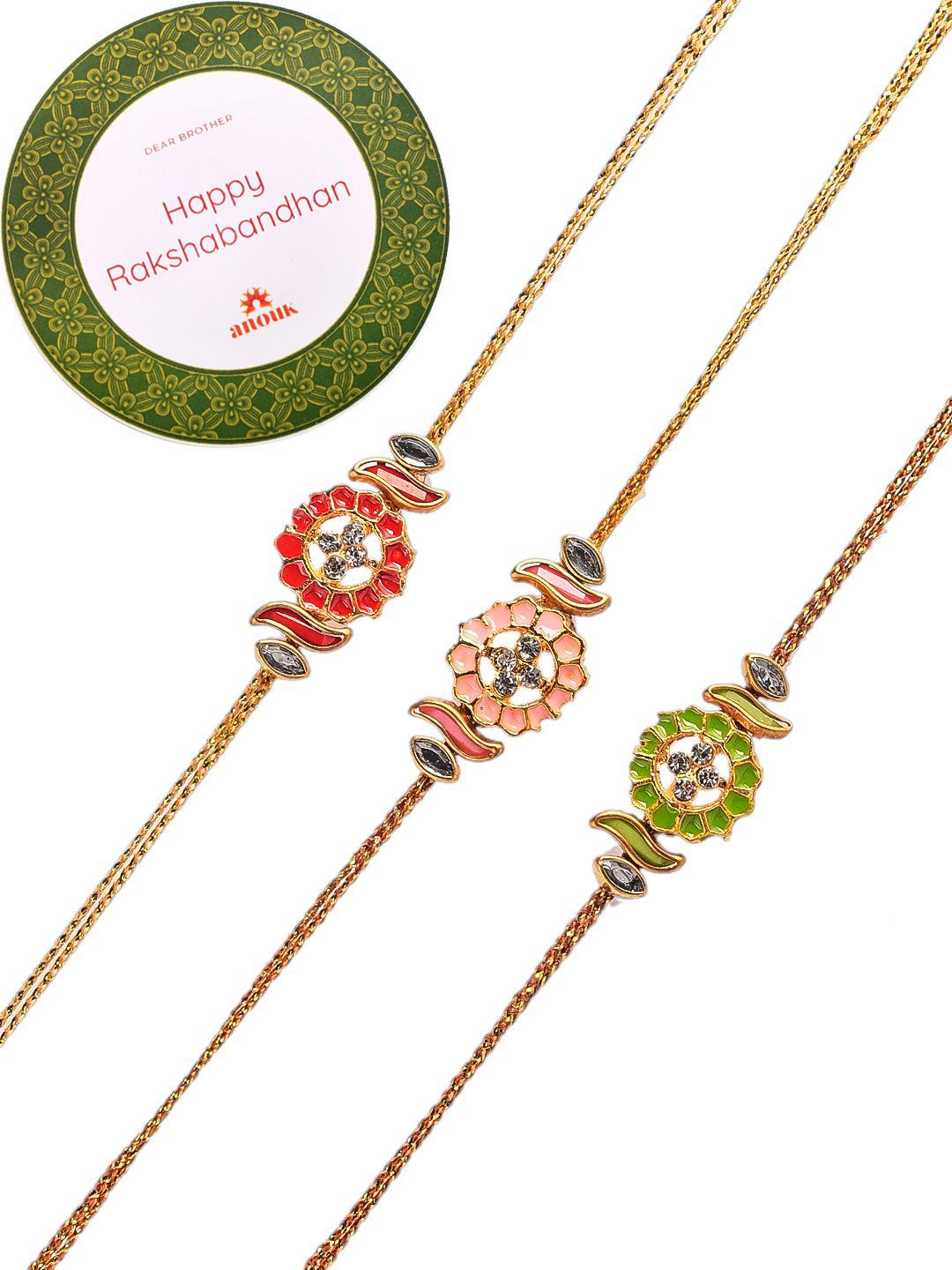 Anouk Set Of 3 Red Kundan-Studded & Beaded Rakhi With Roli Rice & Greeting Card