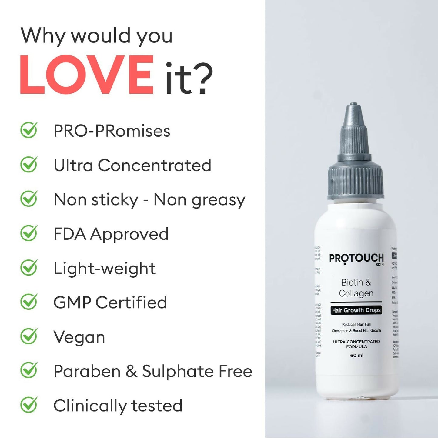 Protouch Biotin & Collagen Hair Growth Serum with Redensyl, Anagain, Procapil, and onion extract in a dropper bottle.