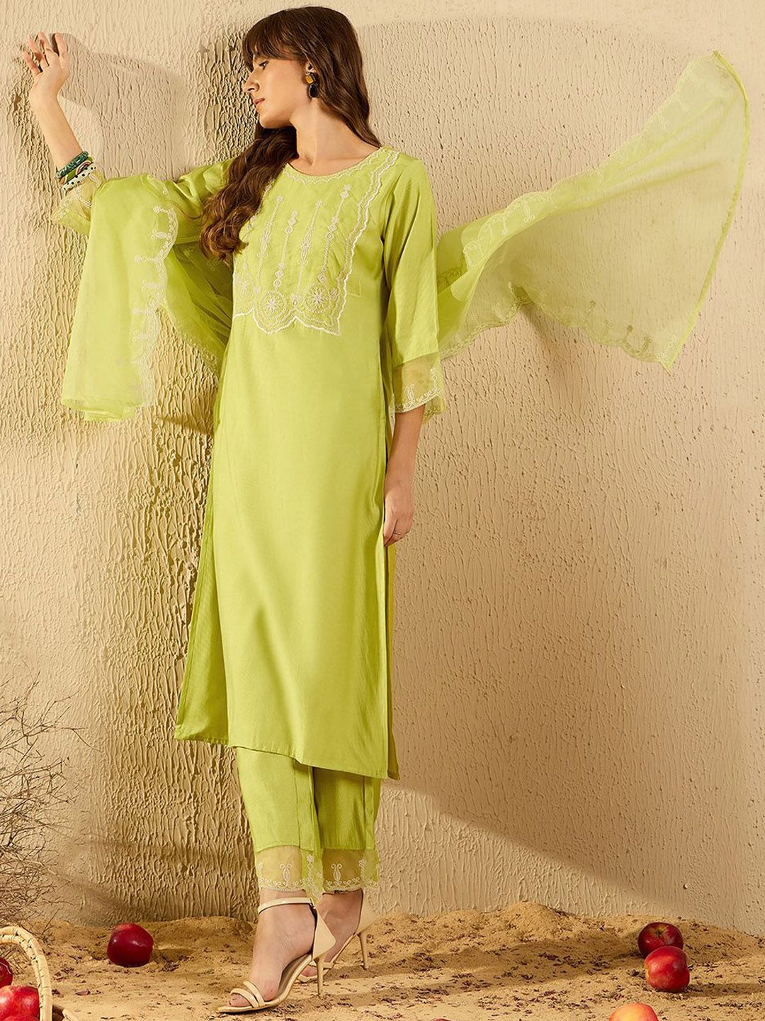 Indyancart IE Women Ethnic Motifs Embroidered Regular Aari Work Liva Kurta with Trousers & With Dupatta