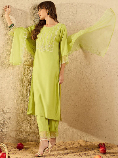 Indyancart IE Women Ethnic Motifs Embroidered Regular Aari Work Liva Kurta with Trousers & With Dupatta