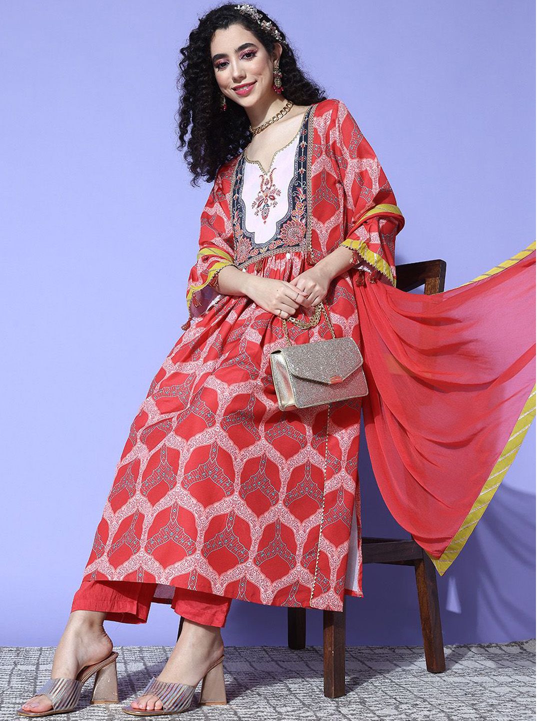 Indyancart VA Women's Ethnic Motifs Printed Empire Gotta Patti Kurta with Trousers & With Dupatta
