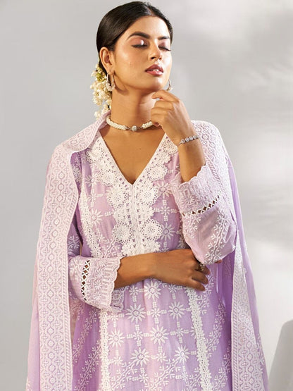 Women Ethnic Motifs Embroidered Regular Chikankari Pure Cotton Kurta with Trousers & With Dupatta