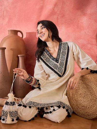 Indyancart SN Women's Floral Embroidered V-Neck A-Line Kurta With Dhoti Pant & Bag