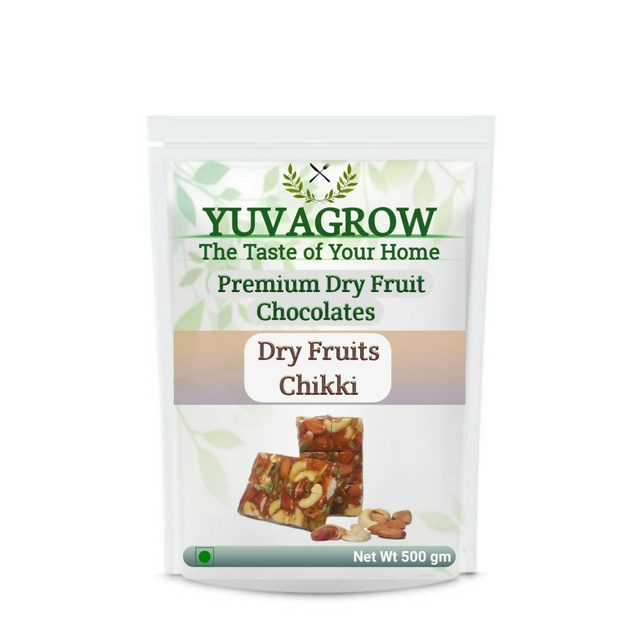 Yuvagrow Dry Fruit Chikki showing a golden-brown, nut-filled Indian sweet on a white background.