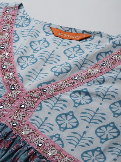 Women Ethnic Motifs Printed Empire Beads and Stones Pure Cotton Kurta with Trousers & With Dupatta