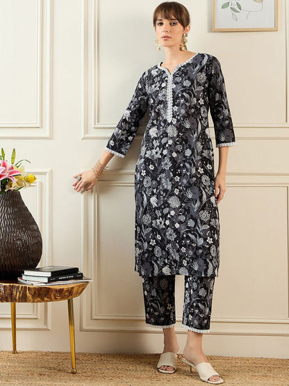 Indyancart IE Floral Printed Notched Neck Pure Cotton Straight Tunic With Trouser