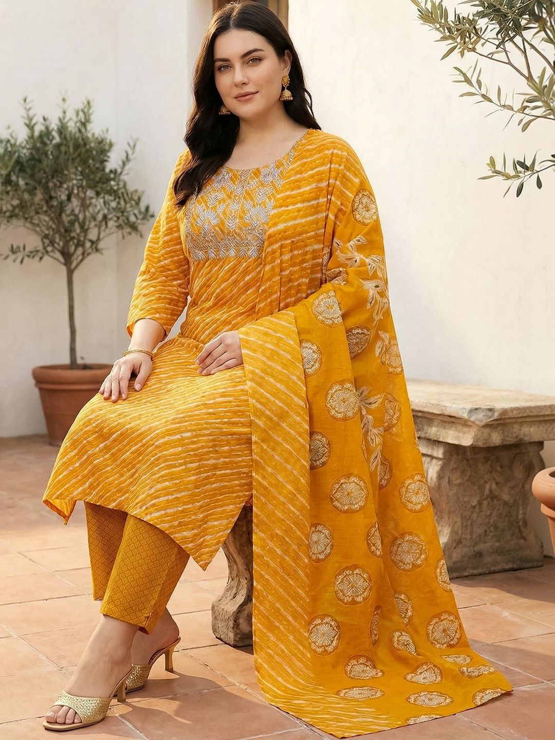 Indyancart Women's Printed Regular Thread Work Pure Cotton Kurta with Trousers & With Dupatta