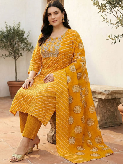 Indyancart Women's Printed Regular Thread Work Pure Cotton Kurta with Trousers & With Dupatta