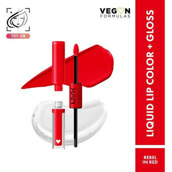 NYX Professional Shine Loud high-shine red liquid lipstick and gloss on lips, showcasing vibrant Rebel In Red color.