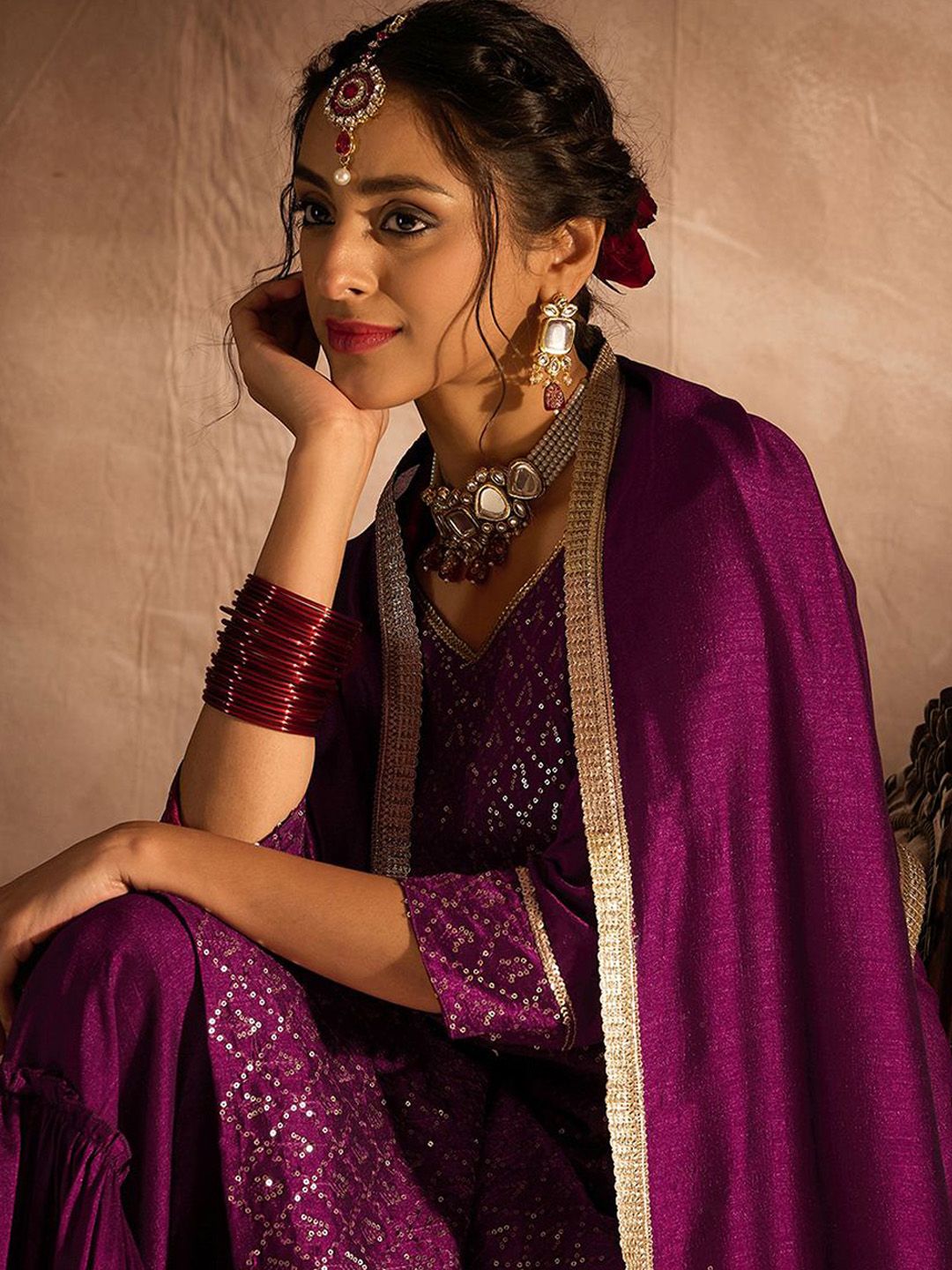 Indyancart IE Geometric Embroidered Sequinned Straight Kurta with Sharara & With Dupatta