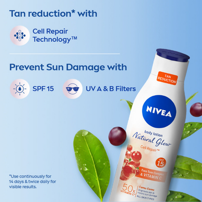 Nivea sunscreen and 50X vitamin C body lotion bottles displayed with labels visible, highlighting skincare and sun protection benefits.