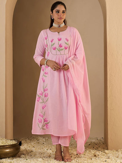 Indyancart IE Women's Women Embroidered Empire Thread Work Pure Cotton Kurta with Trousers & Dupatta