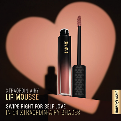 Lakme Xtraordin-Airy Velvet Matte Lip Mousse in Blush Nude, showing smooth, velvety lip gloss with a soft nude pink shade.