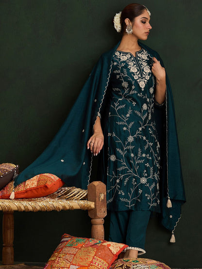 Indyancart IE Ethnic Motifs Embroidered Straight Kurta With Trousers & Dupatta