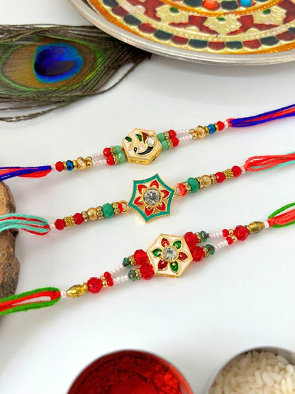 Anouk 3 pcs Meenakari Kundan Traditional Handmade Rakhi for Brother