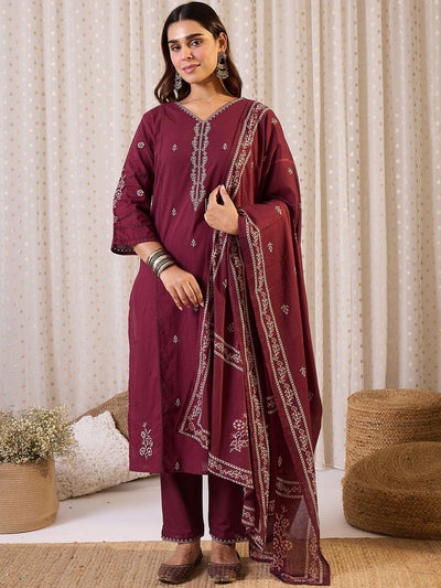 Indyancart IE Women Ethnic Motifs Printed Pure Cotton Kurta with Trouser & Dupatta