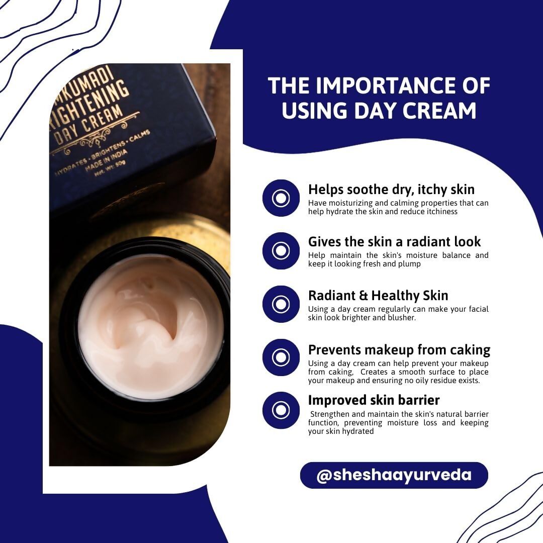 Shesha Ayurveda Kumkumadi Brightening Day Cream jar with creamy texture and bright packaging, ideal for skin radiance.